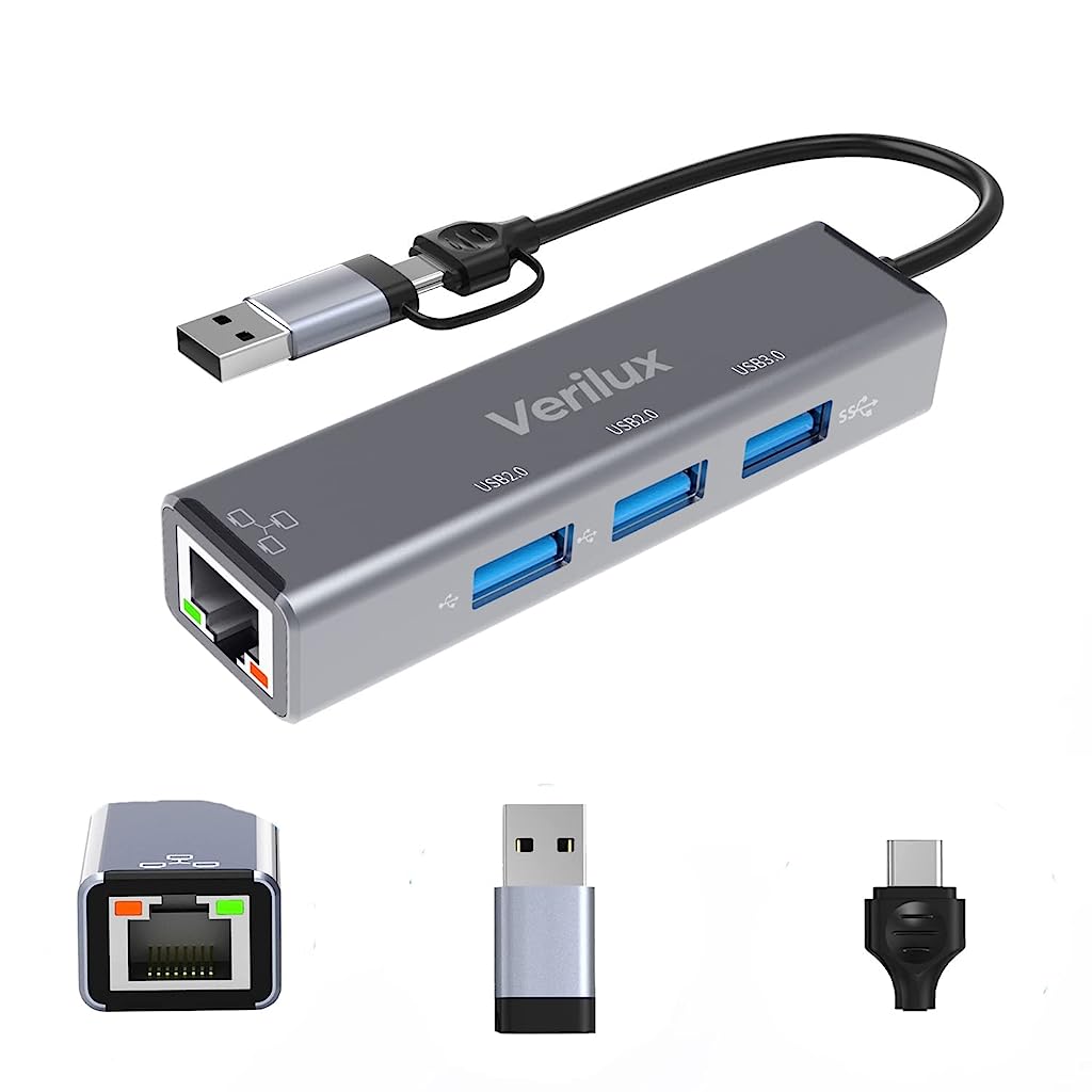 Verilux USB C Hub 4 in 1 USB Type C Hub with USB Adapter USB Hub with 100Mbps RJ45 LAN Port and 2 USB 2.0 Ports and 1 USB 3.0 Port for MacBook Air/Pro 13/15 and More