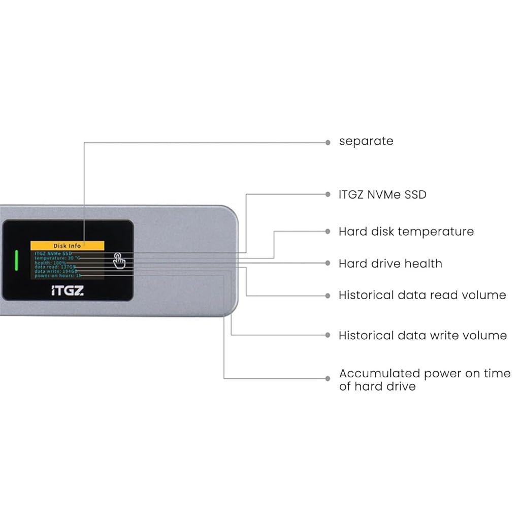 Verilux® Smart M.2 Enclosure with Touchscreen, USB 3.2 Gen 2 10Gbps, Only Compatible with 2280 NVMe/ PCIe and NGFF/SATA SSD, Support M-Key B+M Key, External Enclosure Support UASP Trim - verilux