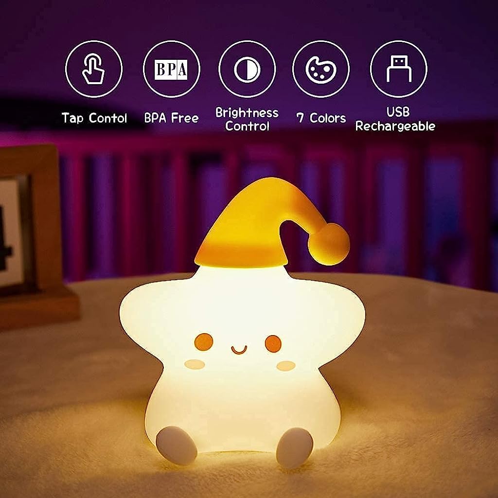 Verilux Night Light for Kids Bedroom Children, 7 Colour Changing Silicone Star Night Lamp, USB Rechargeable Cute Baby Night Lamp for Babies Bedside Birthday Decor Gifts - verilux