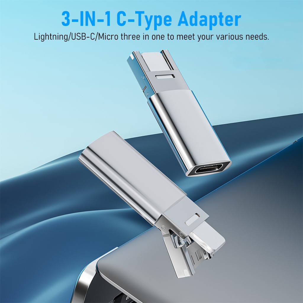 Verilux® OTG Adapter 3 in 1 USB C Female to Light-ning, USB A, Micro USB Male OTG Adapter PD 30W Fast Charging Type C to Light-ning Connector Type C Charger Converter for iPhone iPad Android Phone PC