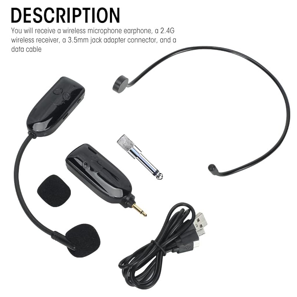 ZORBES® Wireless Microphone Headset with 2.4G Wireless Receiver & 3.5mm to 6.35mm Jack Adapter Connector, USB Rechargeable Headwear Microphone Headset for Speaker, Voice Amplifier, Pa System - verilux