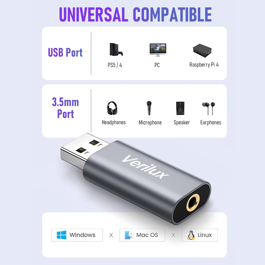 Verilux® USB Sound Card USB to 3.5mm Jack Audio Adapter USB External Stereo Sound Adapter Splitter Converter for Windows and Mac, Linux, Compatible with PS4, Headset (V Silver) - verilux