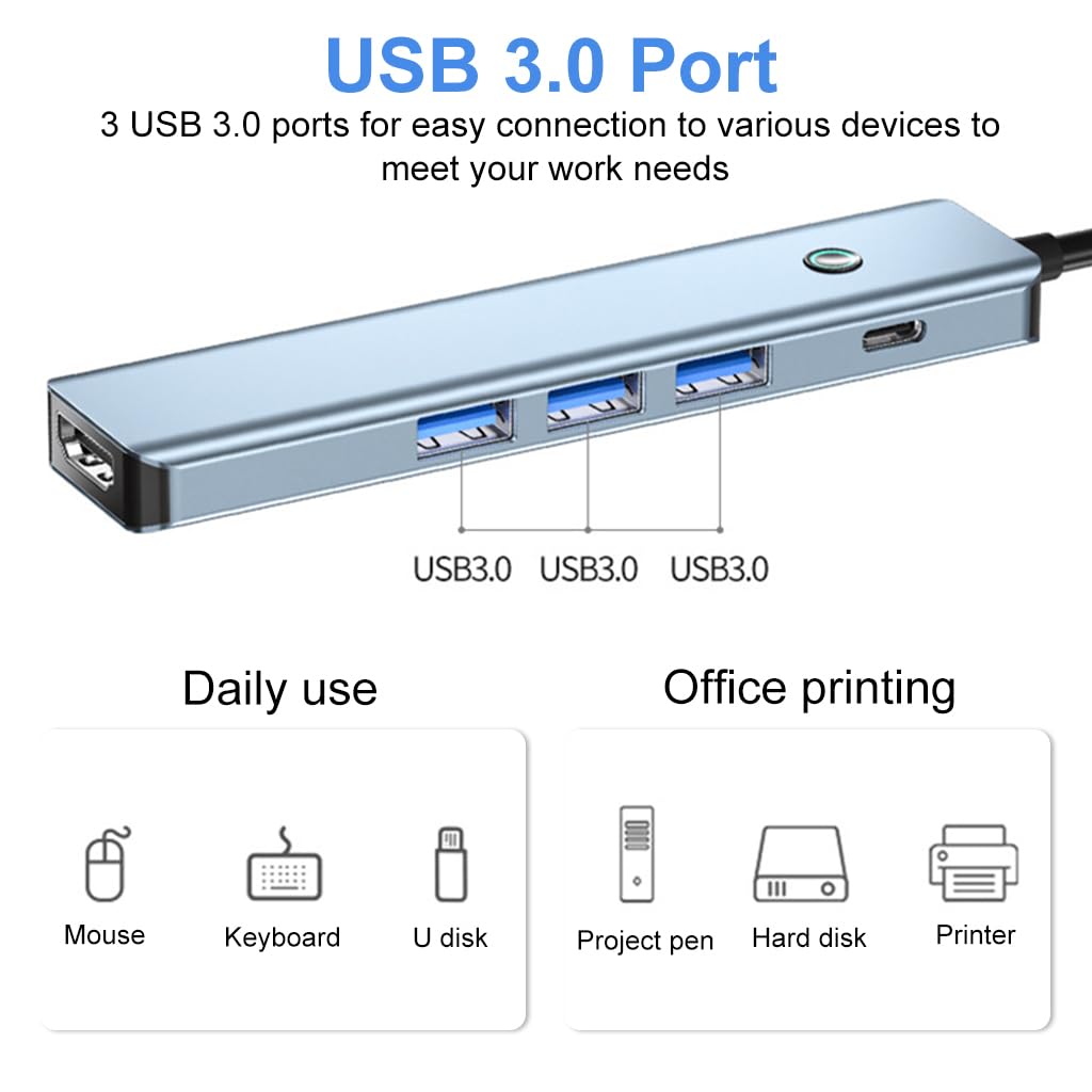 Verilux® USB C HUB 5 in 1 USB C to HDMI Adapter with 4K HDMI, 3.0 USB Adapter Multiple Port PD 100W Charging One-Button Screen Off USB Type C Hub for Laptop, MacBook Pro Air, iPhone 15 Max Pro Plus - verilux