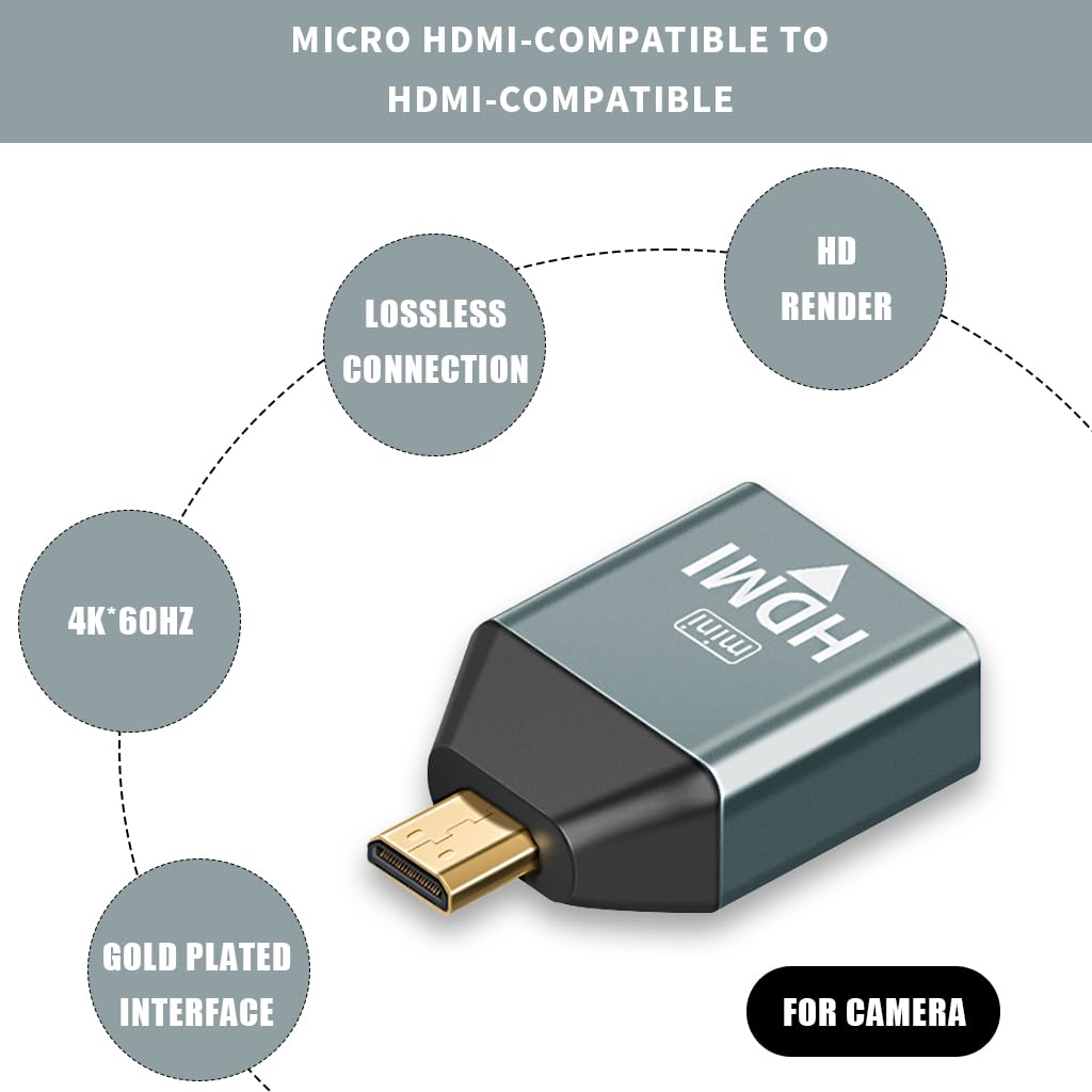 Verilux® HDMI Adapter, Micro HDMI to HDMI Converter, 4K@60Hz HDR 3D Dolby, 18Gbps Male to Female Adapter for Nikon Zfc/Raspberry Pi 4/Sony A6000/GoPro Hero and Other Action Camera - verilux