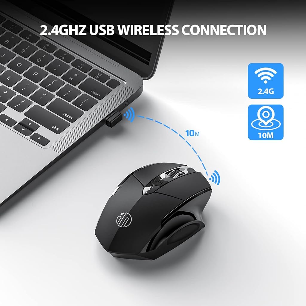 Verilux® Wireless Mouse, [Upgraded: Battery Level Visible] Large Ergonomic Rechargeable 2.4G Optical PC Laptop Cordless Mice with USB Nano Receiver - verilux
