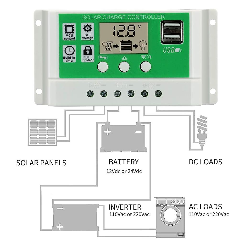 Verilux 10A Solar Charge Controller 12V / 24V, Solar Regulator Lithium Battery/Lead Acid with Dual USB LCD Display, Adjustable parameters Backlit LCD Display and Timing Settings - verilux