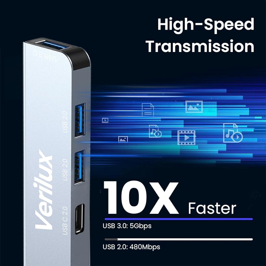 Verilux® USB Hub 3.0 for PC Type C Hub 4 in 1 High Speed 3.0+2.0 Multi USB Port for Laptop & Type-C 2.0 Port 5Gbs Transfer Speed USB Extender Multiple USB Connector for MacBook Air/Pro M1/M2, iPad Pro - verilux