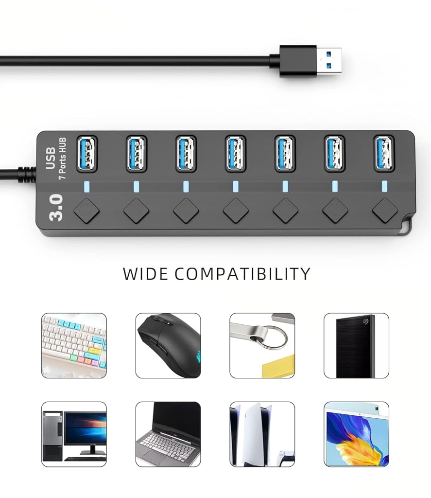 Verilux® USB Hub 3.0 for PC Multiport Adapter with 7 USB Ports High Speed 3.0 USB Hub for Laptop with Individual Switch Control USB Extender with Multi USB Port for MacBook, Mac Pro Mini, iMac - verilux