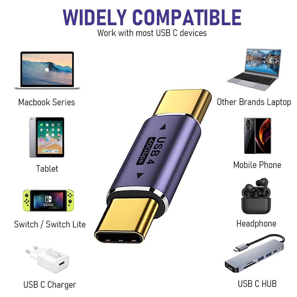 Verilux® USB C to USB C Adapter Type C Male to Male Adapter Support 100W PD Fast Charging, Max 40Gbps Data Transfer, 8K@60Hz Display USB C to USB C Adapter for MacBook Pro/Air, Laptop, Phones - verilux