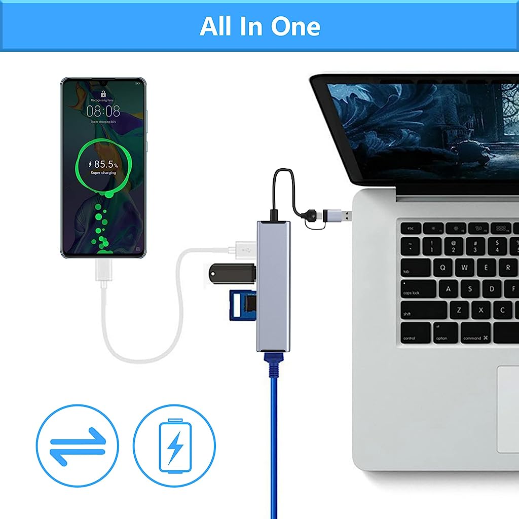Verilux USB C Hub 4 in 1 USB Type C Hub with USB Adapter USB Hub with 100Mbps RJ45 LAN Port and 2 USB 2.0 Ports and 1 USB 3.0 Port for MacBook Air/Pro 13/15 and More - verilux