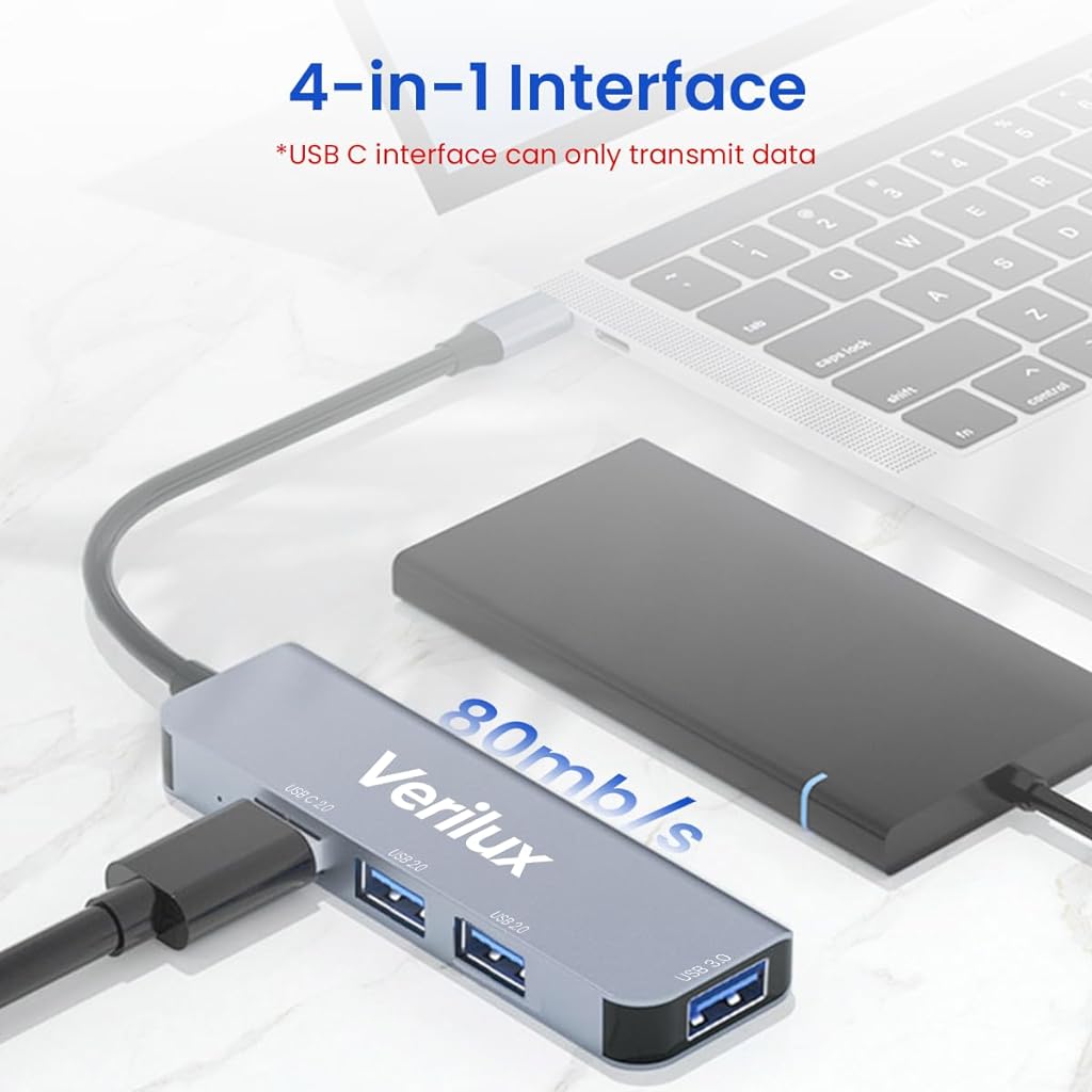 Verilux® USB Hub 3.0 for PC Type C Hub 4 in 1 High Speed 3.0+2.0 Multi USB Port for Laptop & Type-C 2.0 Port 5Gbs Transfer Speed USB Extender Multiple USB Connector for MacBook Air/Pro M1/M2, iPad Pro - verilux