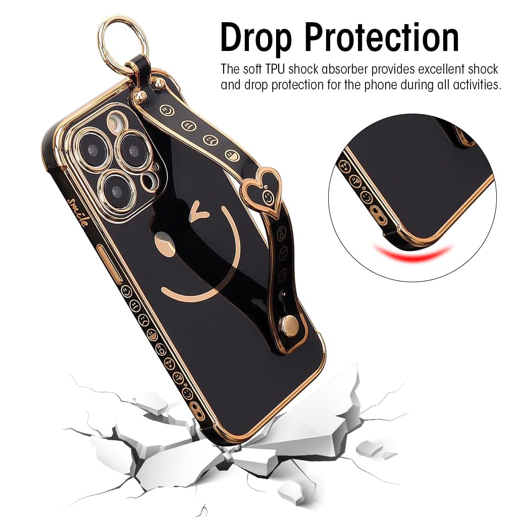 ZORBES® Phone Case for iPhone 14 Pro Max Stylish Smile Face Phone Case with Hand Grip Strap & Metal Ring Golden Electroplating Frame TPU Phone Cover for iPhone 14 Pro Max 6.7 inch, Black - verilux