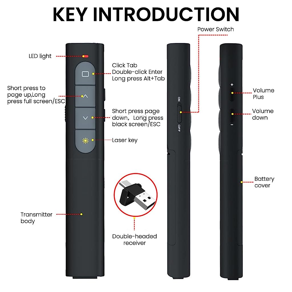 Verilux Pointer for Presentation with 2 in 1 2.4GHz Receiver USB Rechargeable Wireless Presenter Remote with Laser Pointer Presentation Clicker Volume Remote Control for Keynote/PPT/Mac/PC/Laptop - verilux