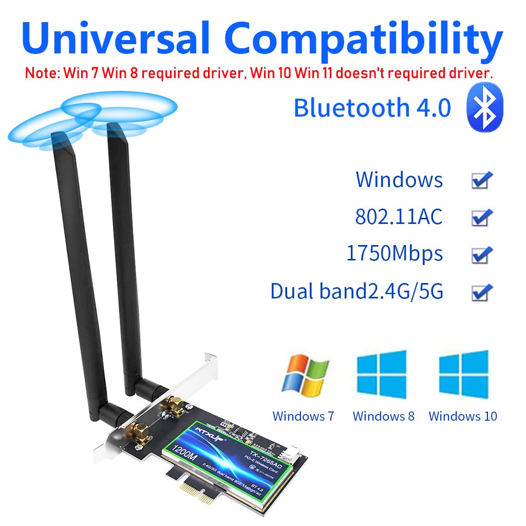 Verilux AC1200 PCIe WiFi Card - AC1200 Wi-Fi Bluetooth 4.2 PCI Express Adapter with Two Antennas, PCIe Network 2-in-1 Interface Card, Dual Band Wi-Fi Wireless PCI-E Adapter - verilux