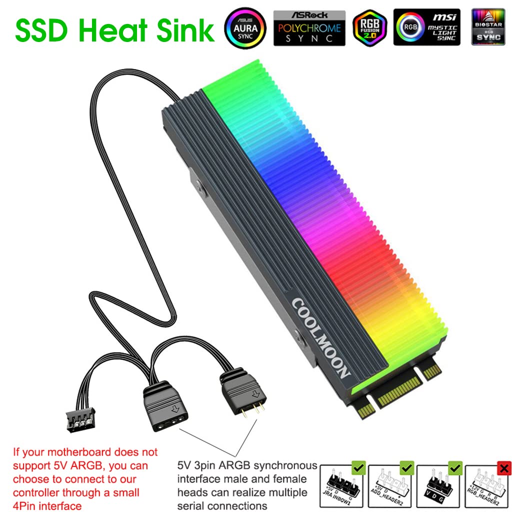 Verilux SSD Aluminum Cooler 5V ARGB M.2 2280 Heatsink SSD Aluminum Cooler for PCIE NVME NGFF or SATA 2280 M.2 SSD, Motherboard LED RGB Lights with Silicone Thermal Pad and SSD Not Included - verilux