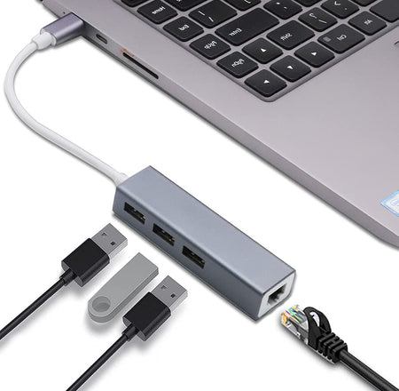 USB-C Hub - RJ45 Ethernet Port, 3xUSB 3.0, Multi Port Adapteri USB-C  Dongle, Alumiinikehikossa – Digipalvelu Aura