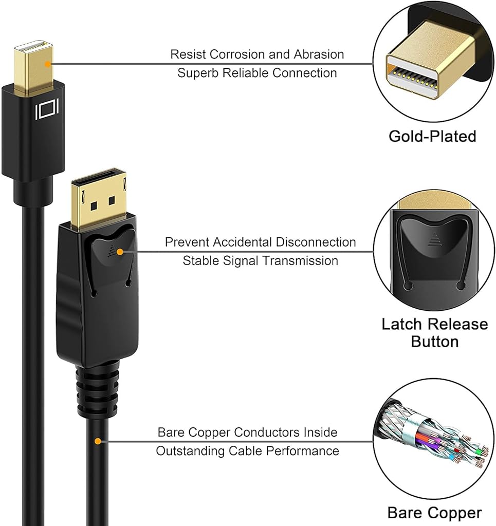 Verilux® Mini Display Port to Display Port Cable, Bi-Directional Transmission 70 inch Mini DP (Thunderbolt) to DP Cable, 4K@60Hz, 2K@144Hz, Gold-Plated, Compatible for MacBook Air/Pro, Surface Pro - verilux