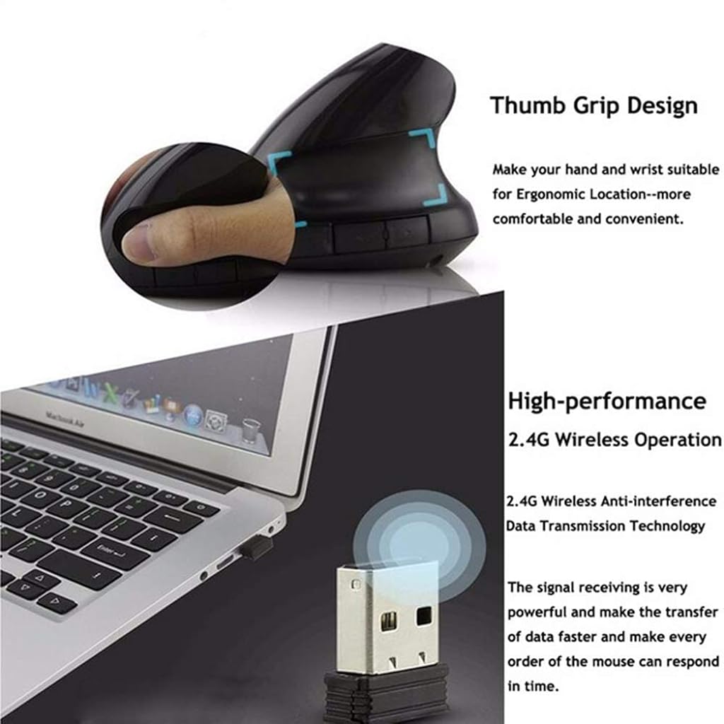 ZORBES® Vertical Mouse, Wireless 2.4G Ergonomic Vertical Mouse 5 Buttons 1600 DPI, Optical Vertical Ergonomic Laptop Mouse for Mac, PC, Desktop - verilux