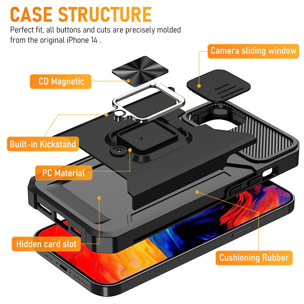 ZORBES® Phone Case for iPhone 14 Multifunctional Phone Case with Folding Phone Ring Grip, Sliding Camera Cover, Card Storage Slot, TPU Anti-Scratch Phone Cover for iPhone 14 - verilux