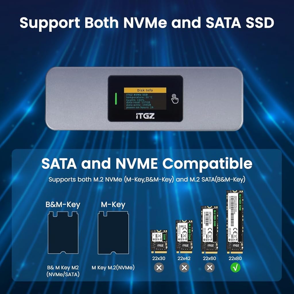 Verilux® Smart M.2 Enclosure with Touchscreen, USB 3.2 Gen 2 10Gbps, Only Compatible with 2280 NVMe/ PCIe and NGFF/SATA SSD, Support M-Key B+M Key, External Enclosure Support UASP Trim - verilux