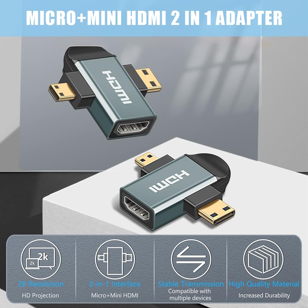 Verilux® Multi HDMI Adapter, 2 in 1 HD Mini HDMI/Micro HDMI to HDM Adapter, Mini HDMI and Micro HDMI Male to HDMI Female Supports 2K Compatible with Tablet, Camera, Camcorder, DSLR - verilux