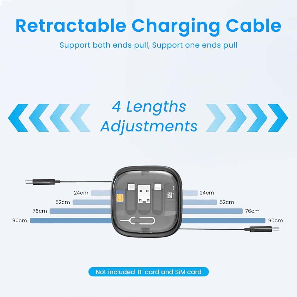 Verilux® 6 in 1 Fast Charging Cable with Storage Case, All in One Mobile Accessories with Card Slot & SIM Ejection Tool, 3.3Ft Retractable Type C Multi Charging Cable for iPhone, USB A/Type C Devices - verilux