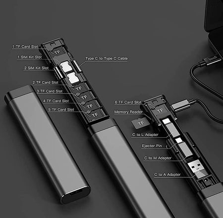 Verilux 9 in 1 Cable Stick with Memory Reader, Organizer for SIM, TF Card, Type-C Adapter, OTG Adapter, USB Data Cable, USB Adapter, TF Card Organizer Case, Multi-Functional Organizer for Travel