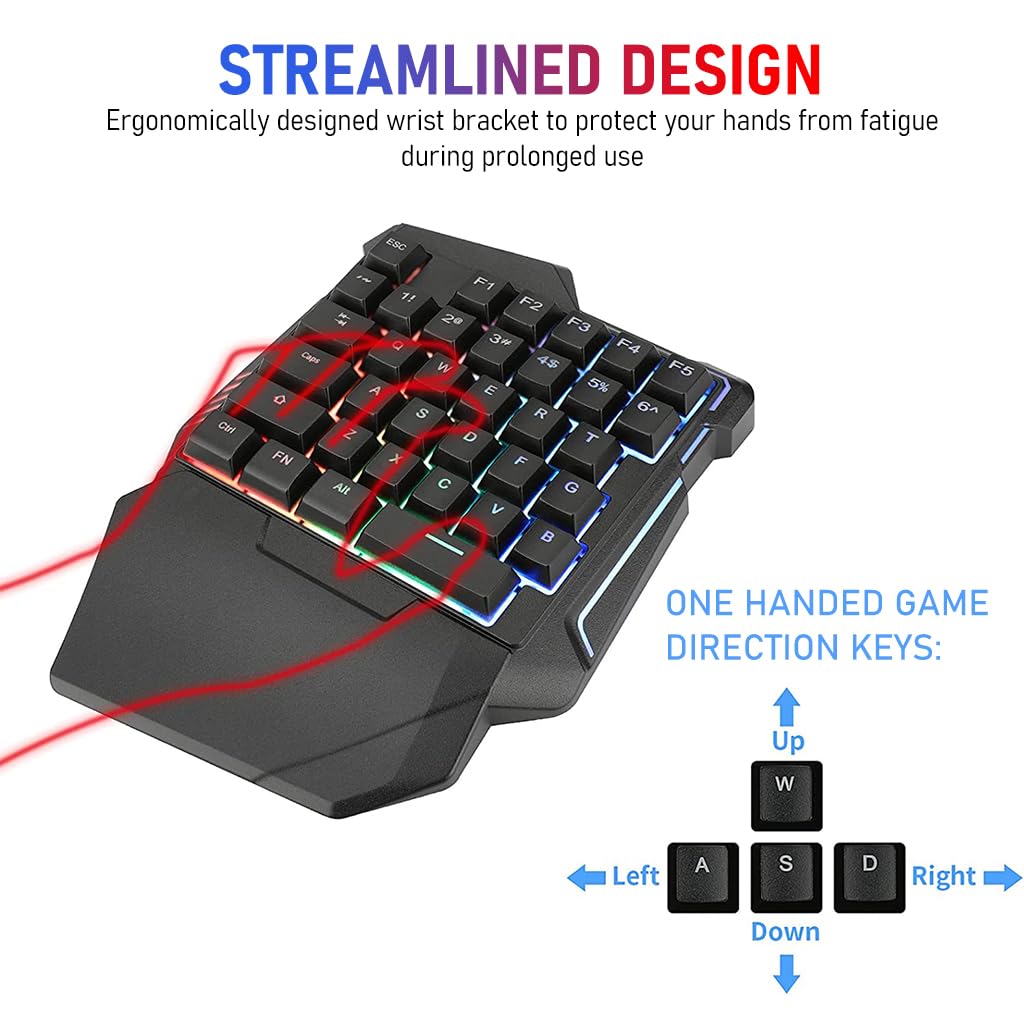 Verilux® 4 in 1 One Hand Gaming Keyboard and Mouse Combo, 35 Keys Wired RGB LED Backlit One Hand Keyboard, USB Wired Gaming Mouse, Converter Adapter for PUBG/Laptop PC Game and Work - verilux