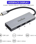 Verilux USB C Adapter 4 in 1 Portable Aluminum USB Type C Hub HDMI Adapter with 4K@30Hz HDMI Output, USB 2.0/3.0 Ports Compatible for MacBook Pro/Air, iPad Pro, XPS, Surface Pro/Go More Type C Device