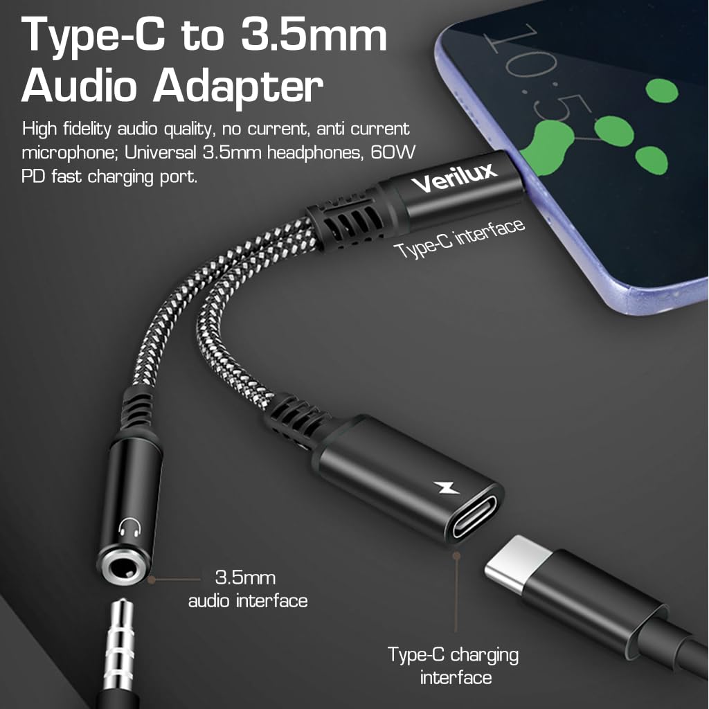 Verilux® USB C to 3.5mm Jack Audio Adapter, 2 in 1 Type C to Aux Audio Jack with 60W PD Fast Charging, Game Sound Card Game Audio Adapter Compatible with Galaxy S22 S21 Ultra 5G S20 S20+ Plus Note 20 - verilux