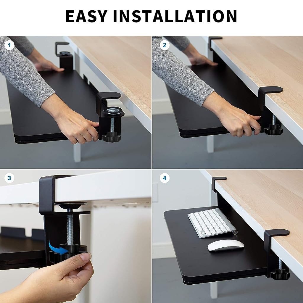 Verilux® Keyboard Tray Under Desk Pull Out Keyboard Rack, Retractable Clip Mount Installation Drawer Style Keyboard Rack Under Sliding Keyboard Rack for PC Desk, Office Desk, Dorm, 25.5'' x 9.8'' - verilux