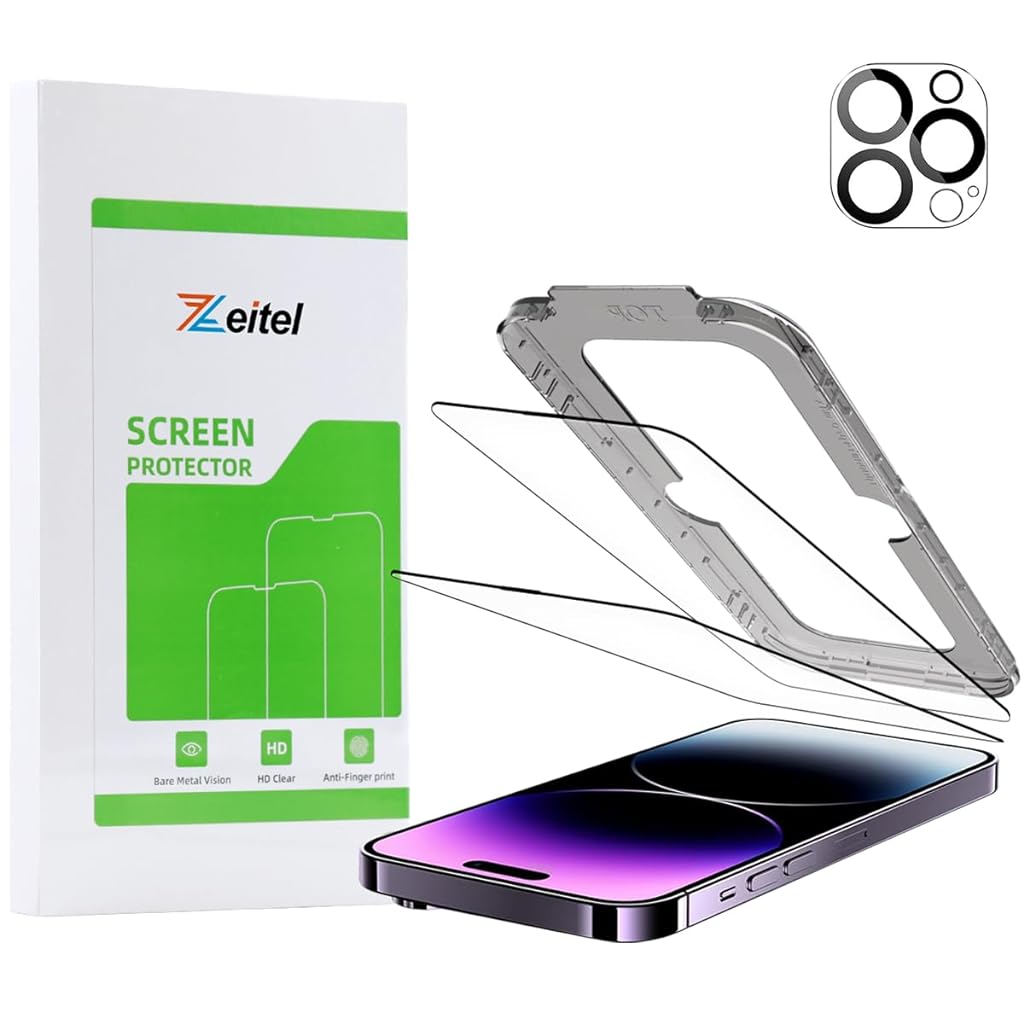 Zeitel® Tempered Glass Suitable for iPhone 15 Pro 6.1 Inch with Anti Fingerprint Screen Protector Auxiliary Installation Kit 2 Scratch Resistant Screen Protectors and 1 Lens Protector - verilux