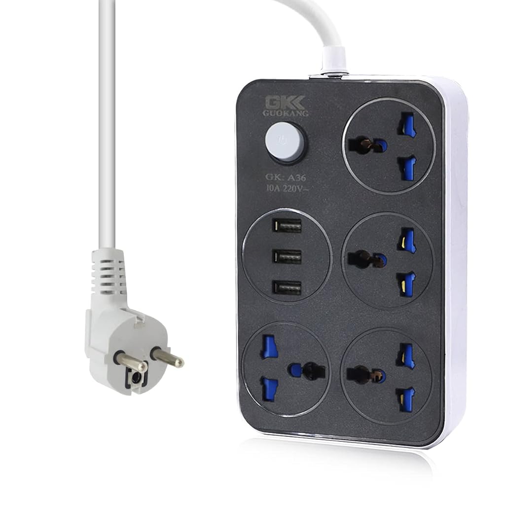 ZORBES® Extension Board with 3 USB Ports + 4 Power Sockets 2400W Electric Outlet Extender USB Extension Surge Protection Sockets and 2m Cable Extension Cord - verilux