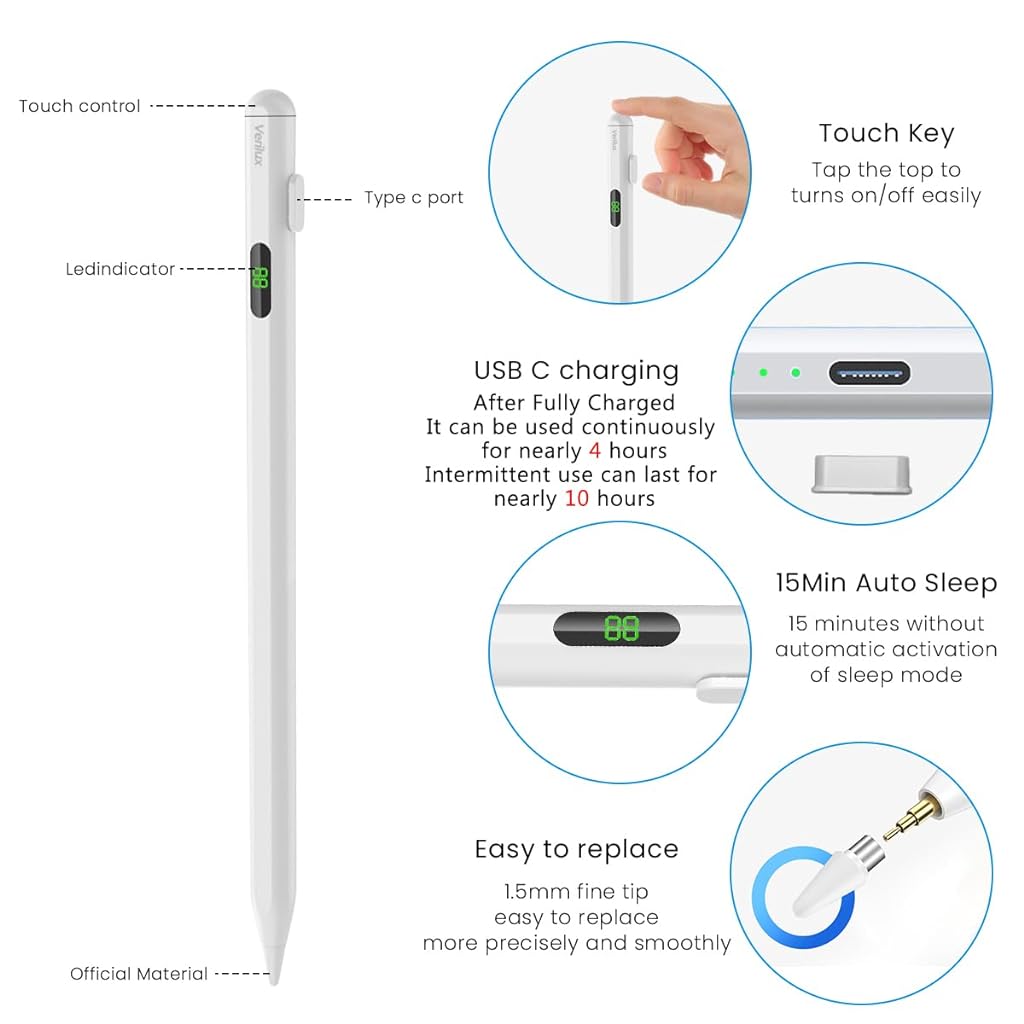 Verilux® Stylus Pen for iPad 2018 and Later iPad Stylus Pen with LCD Power Display High Precision & Double Tap ON/Off for Apple Pencil Palm Rejection Smart Pen for Tablet with Tilt Sensitivity - verilux