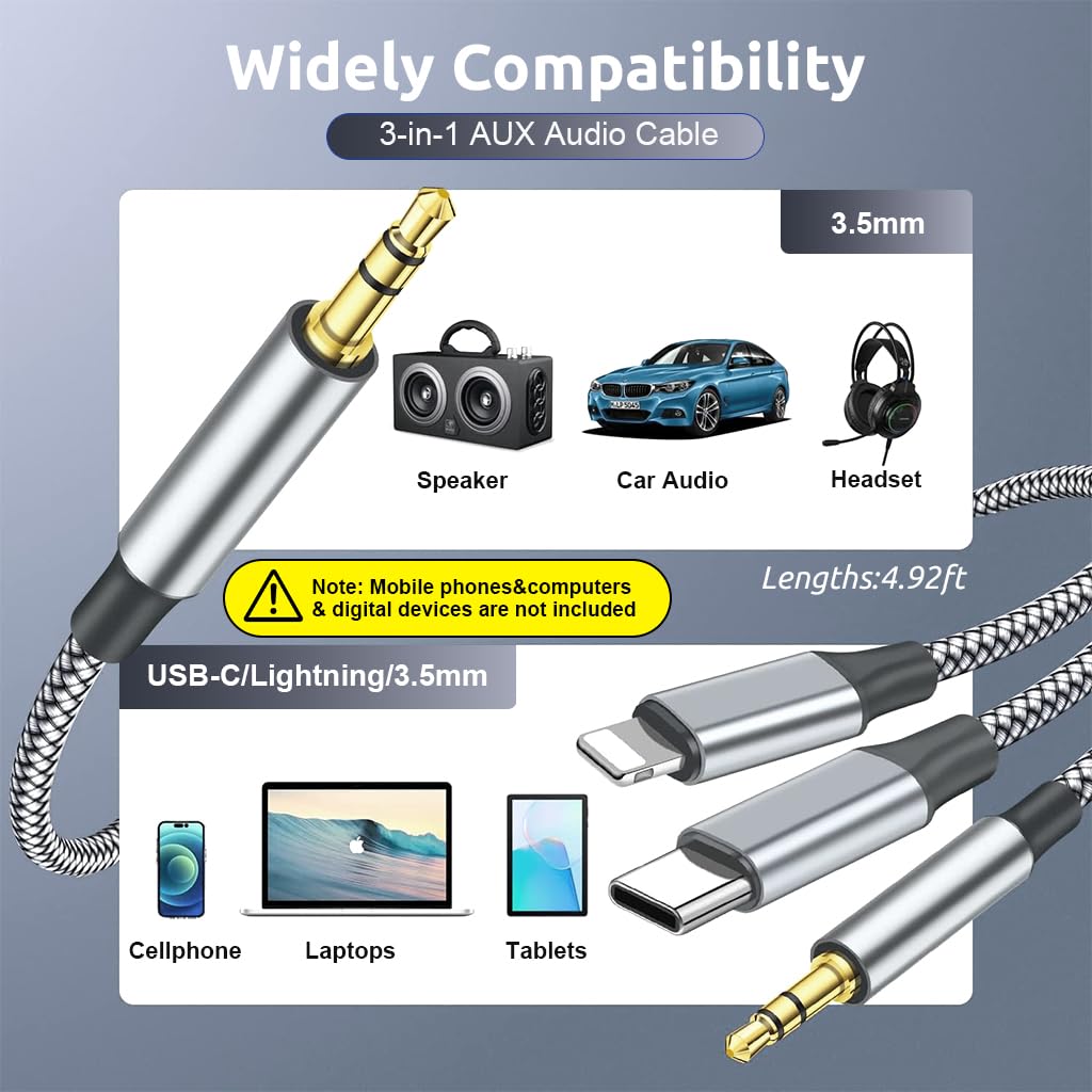 Verilux® 3 in 1 Car Aux Cable, USB C to 3.5mm Audio Cord Car Stereo Aux Cable Compatible with Galaxy S23/S22/S21FE/OnePlus/iPhone 14/13/12/XR - verilux