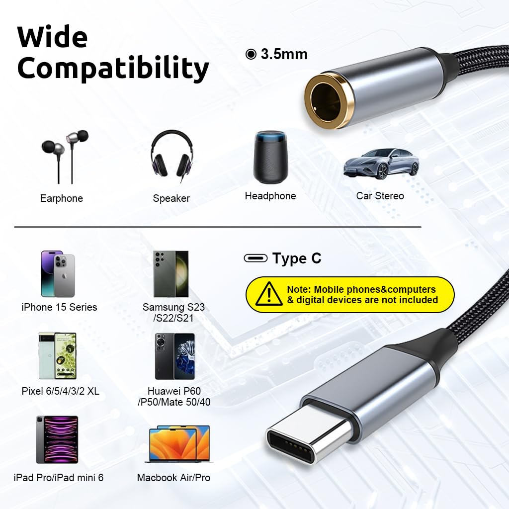 Verilux® Type C to 3.5 mm Audio Jack Adapter, Nylon Braided USB C to 3.5mm Audio Cable, Universal HiFi Audio Cable for iPhone, Samsung Galaxy S23 S23+ S23 Ultra, S22 S21 S20 Plus/Ultra, iPad Pro - verilux