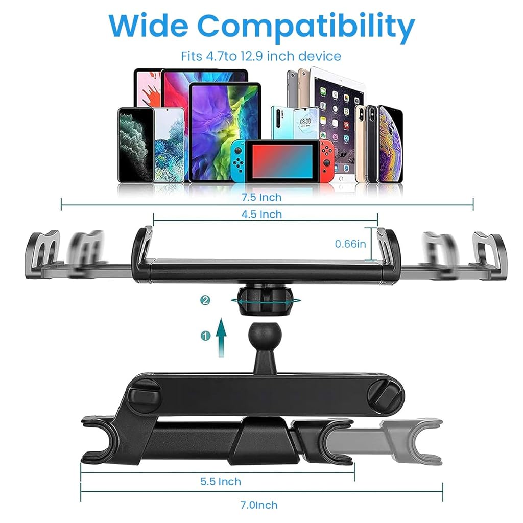 ZORBES® Car Tablet Holder, 360° Rotation Headrest Mounted Mobile Ipad Holder, Retractable Tab Holder Clip On for Car Tablet Holder Tablet Bracket for 5-11 Inches Phone or Tablet - verilux