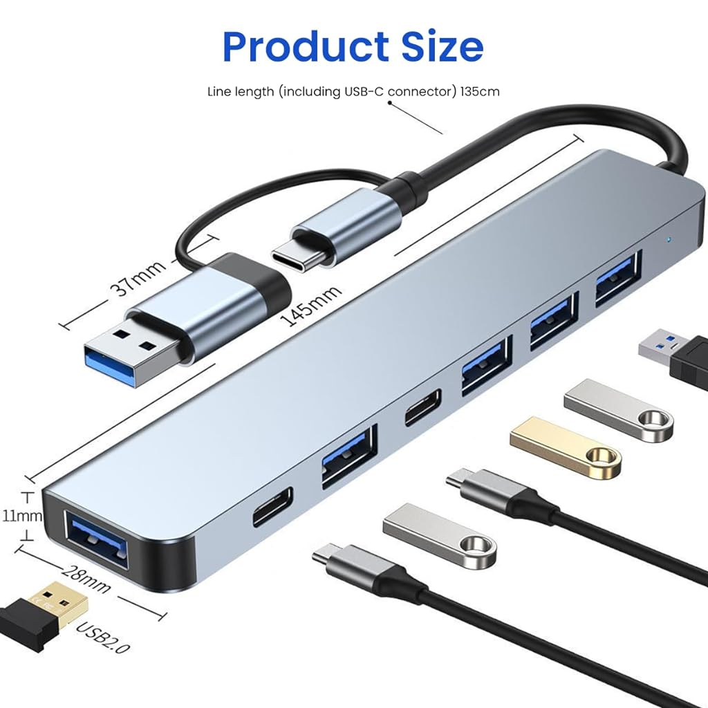 Verilux® USB Hub USB C Hub with USB Adapter 7 in 1 USB Hub for Data Transfer Universal USB C Hub with USB 3.0 Port & 3 USB 2.0 Ports, USB C Port Compatible with Laptop, MacBook Air, Mac Mini/Pro - verilux