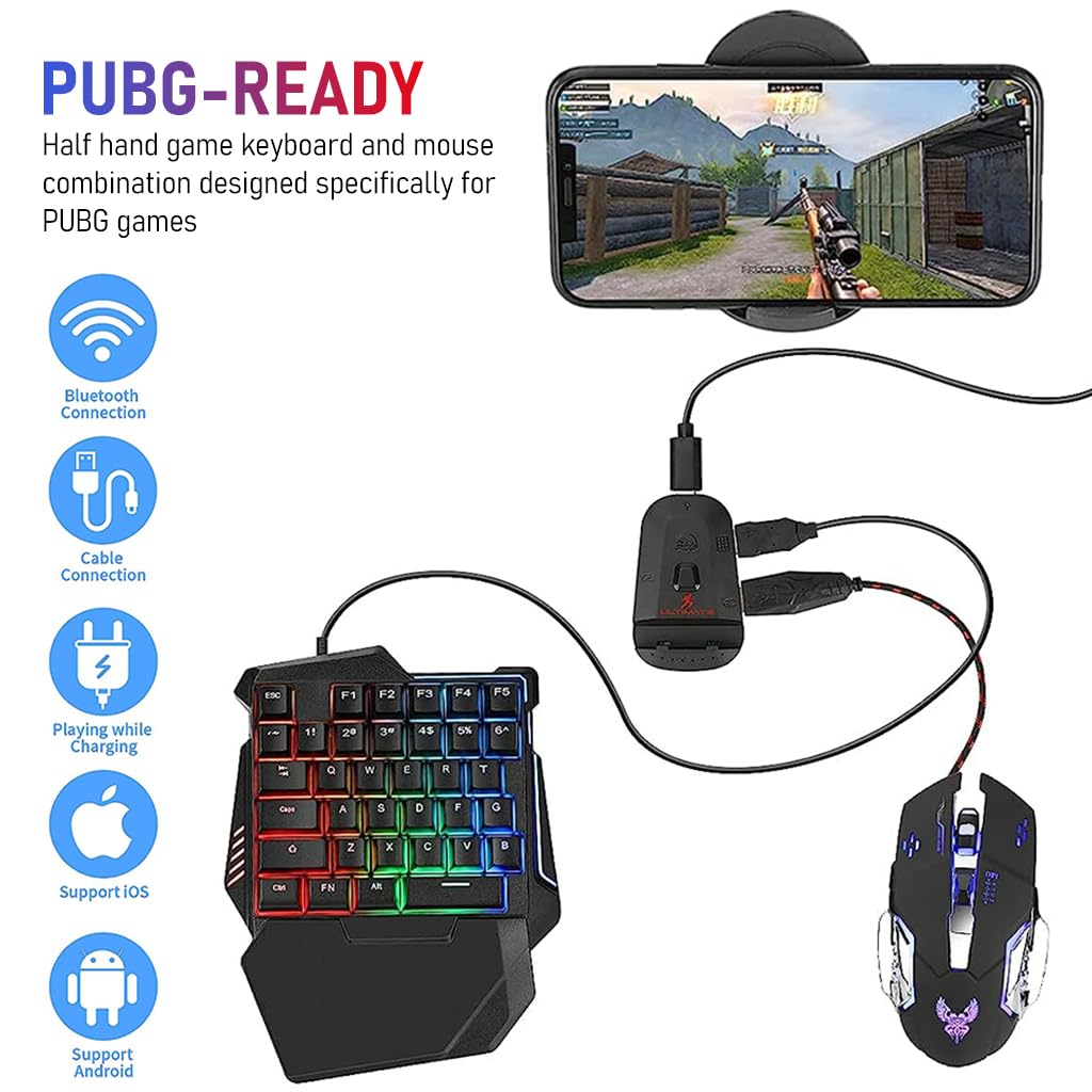 Verilux® 4 in 1 One Hand Gaming Keyboard and Mouse Combo, 35 Keys Wired RGB LED Backlit One Hand Keyboard, USB Wired Gaming Mouse, Converter Adapter for PUBG/Laptop PC Game and Work - verilux