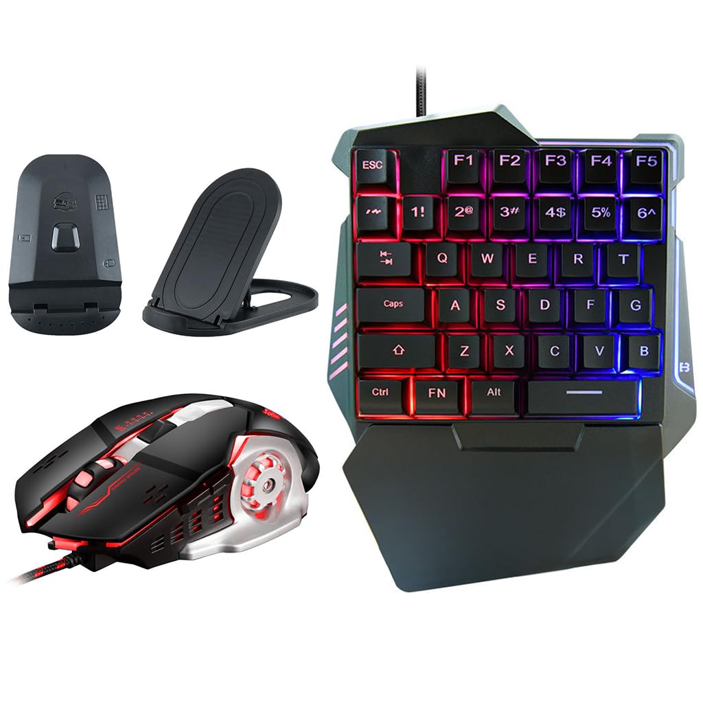 Verilux® 4 in 1 One Hand Gaming Keyboard and Mouse Combo, 35 Keys Wired RGB LED Backlit One Hand Keyboard, USB Wired Gaming Mouse, Converter Adapter for PUBG/Laptop PC Game and Work - verilux