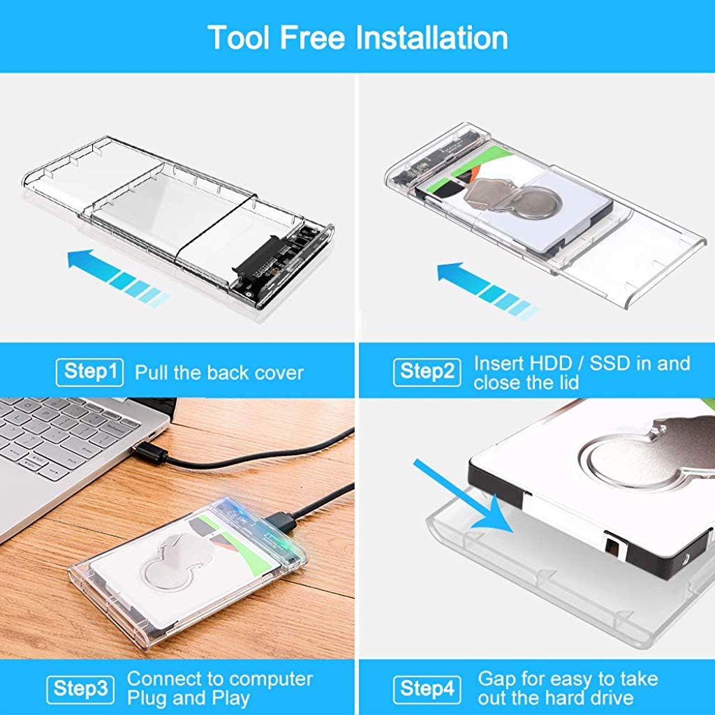 Verilux® SSD External Hard Drive | Enclosure 2.5 Inch, SATA to USB3.0 UASP, Max 2T HDD | Clear Portable Hard Drive Case Tool-Free Transparent Compatible for PC Windows - verilux