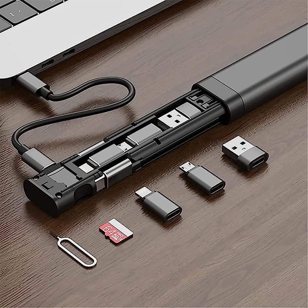 Verilux 9 in 1 Cable Stick with Memory Reader, Organizer for SIM, TF Card, Type-C Adapter, OTG Adapter, USB Data Cable, USB Adapter, TF Card Organizer Case, Multi-Functional Organizer for Travel