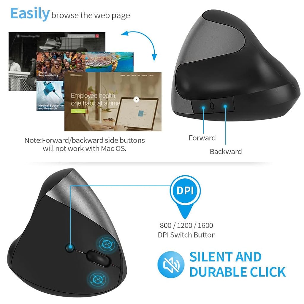 ZORBES® Wireless Vertical Mouse,2.4G Ergonomic Vertical Mouse 6 Buttons with 3 Adjustable DPI, Optical Vertical Ergonomic Laptop Mouse for Mac, PC, Desktop, Black - verilux