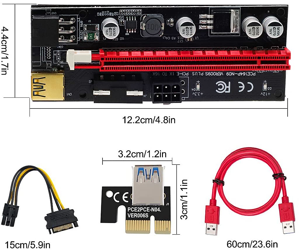 2 Pack Pi+ VER009S Gold PCI-E 6Pin 1X to 16X Powered Pcie Riser Adapter Card - verilux