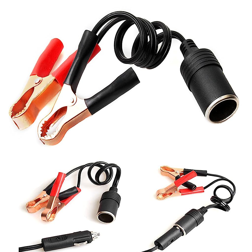 12V 24V Female Car Cigarette Lighter Socket to Battery Clips Connector (1FT)