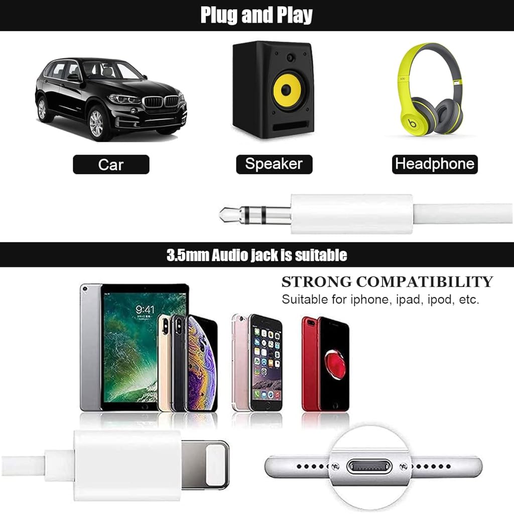 ZORBES® Aux Cord for iPhone, 3.3FT Light-ning to 3.5 mm Headphone Jack Adapter Male Aux Stereo Audio Cable for Car Home Stereo, Speaker Compatible with iPhone 13/12/11/XS/XR/X/8/7/iPad/iPod, White - verilux