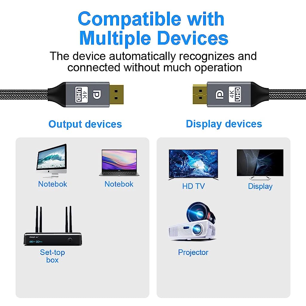 Verilux Display Port Cable 1.4, 8K 2 Meter DP to DP Cable Cord (8K@60Hz, 4K@144Hz, 2K@165Hz) Nylon Braided Cord 32.4Gbps Ultra High-Speed Display Port Cable for PC, Monitor, TV, Home Theater - verilux