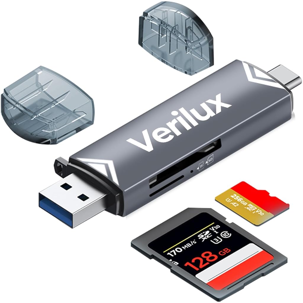 Verilux® SD Card Reader Dual Head Type C & USB 3.0 Card Reader Fast Reading Compatible with SD/TF Card Dual Card Slot Design Universal Card Reader Compatible with Phone, Laptop, PC, Tablet - verilux