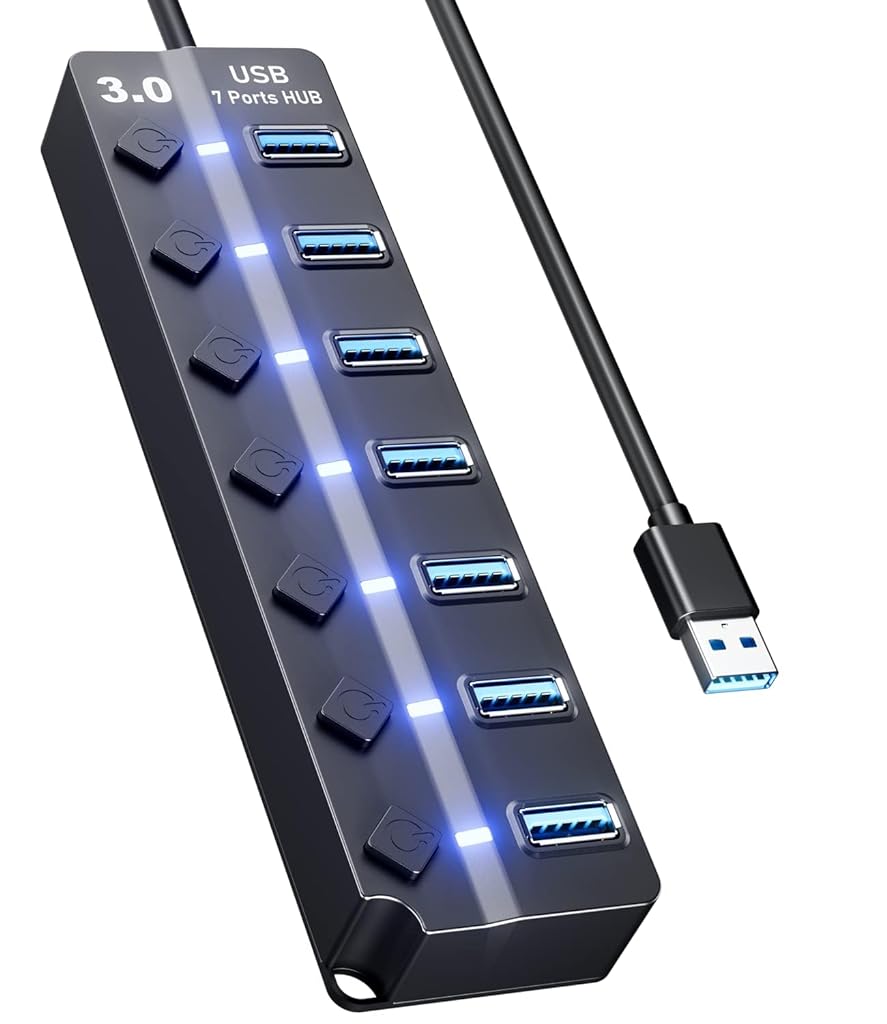 Verilux® USB Hub 3.0 for PC Multiport Adapter with 7 USB Ports High Speed 3.0 USB Hub for Laptop with Individual Switch Control USB Extender with Multi USB Port for MacBook, Mac Pro Mini, iMac - verilux