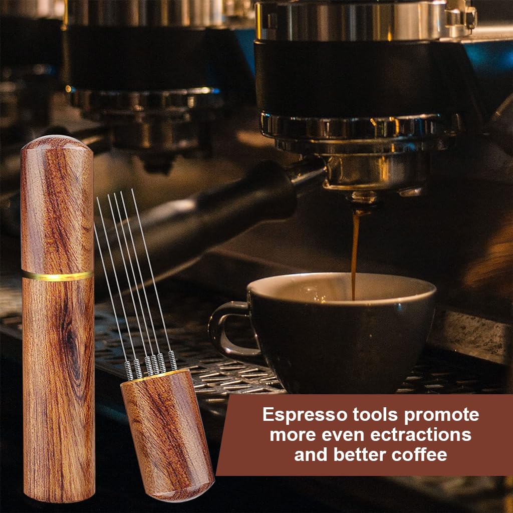 Zeitel® Espressos Coffee Stirrer Pin Tamper 6 Needles Ground Coffee Stirrer 0.4mm Fine Pin Tamper for Espresso Coffee Making Natural Wooden Handle Pin Coffee Tamper - verilux